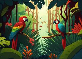 ilustración de un tropical selva con loros generativo ai. foto