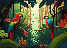 Illustration of a tropical rainforest with parrots. . photo