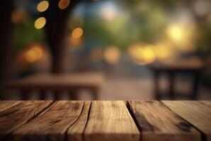 Empty wooden table with bokeh background. photo