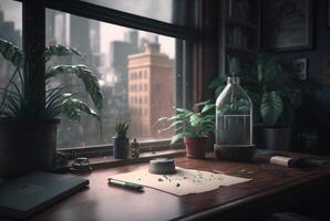 a table with a book and a plant on it in front of a window with a view of the city outside the rainy window. photo