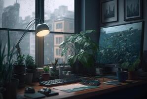 un mesa con un libro y un planta en eso en frente de un ventana con un ver de el ciudad fuera de el lluvioso ventana. generativo ai foto