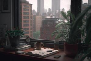 un mesa con un libro y un planta en eso en frente de un ventana con un ver de el ciudad fuera de el lluvioso ventana. generativo ai foto