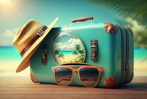 luggage bag with hat and glasses for travel with beach background. summer photo concept.