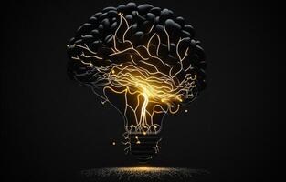 Lightbulb and Human Brain with Inside a lightbulb is a luminous human brain against a dark background. photo