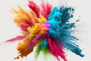 Holi color powder explosion with rainbow on isolated white background, burst of vibrant colors. photo