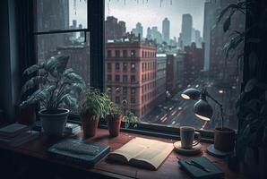 un mesa con un libro y un planta en eso en frente de un ventana con un ver de el ciudad fuera de el lluvioso ventana. generativo ai foto