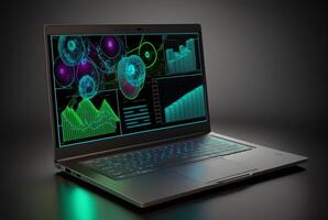 laptop with data analytics isolated black background. photo