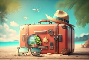 luggage bag with hat and glasses for travel with beach background. summer photo concept.