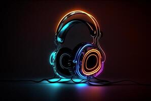 Headphones with neon light on dark background. photo