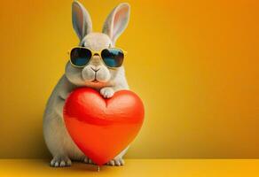 cute bunny wearing glasses and holding a heart shape balloon isolated on yellow background. photo