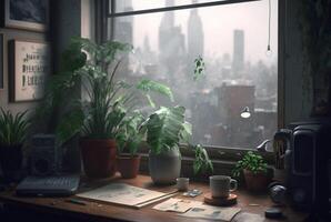 un mesa con un libro y un planta en eso en frente de un ventana con un ver de el ciudad fuera de el lluvioso ventana. generativo ai foto