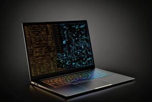 laptop with data analytics isolated black background. photo