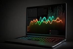 laptop with data analytics isolated black background. photo