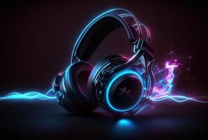 Headphones with neon light on dark background. photo