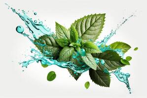 Green mint leaf with water splash isolated on white background. photo