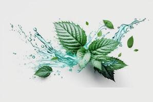 Green mint leaf with water splash isolated on white background. photo