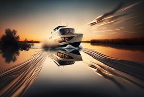 landscape view of ship on river and sunset, photo