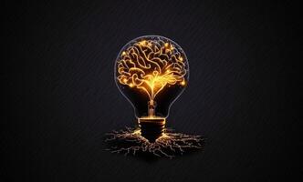 Lightbulb and Human Brain with Inside a lightbulb is a luminous human brain against a dark background. photo