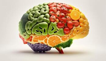 humano cerebro hecho de frutas y vegetales aislado en blanco antecedentes. concepto de nutritivo comidas para cerebro salud y memoria. generativo ai foto
