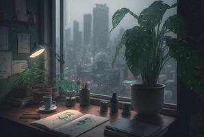 a table with a book and a plant on it in front of a window with a view of the city outside the rainy window. photo