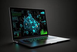 laptop with data analytics isolated black background. photo