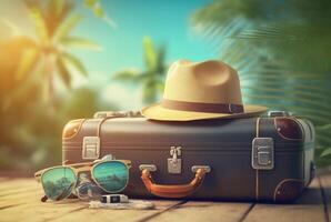 luggage bag with hat and glasses for travel with beach background. summer photo concept.
