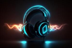Headphones with neon light on dark background. photo