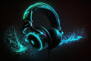 Headphones with neon light on dark background. photo