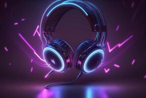 Headphones with neon light on dark background. photo