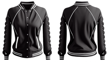 Baseball Jacke zum Damen lange Ärmel, drucken Attrappe, Lehrmodell, Simulation, 3d machen, Vorderseite und zurück, Kopieren Raum, generativ ai png