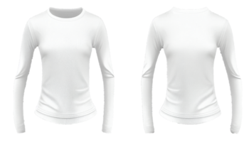 suar camiseta manga comprida volta pescoço costela manguito e bainha impressão brincar, 3d renderizar, branco cor frente e voltar, cópia de espaço, generativo ai png