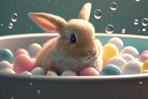 cute bunny taking a bath in a bath with balls. photo