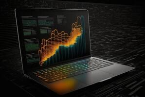 laptop with data analytics isolated black background. photo