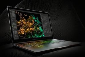 laptop with data analytics isolated black background. photo