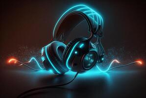 Headphones with neon light on dark background. photo