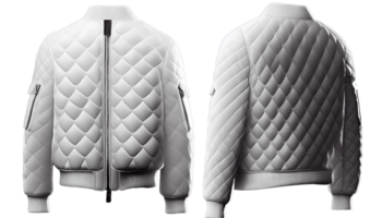 Blank Bomber jacket puffer Full zipper for mockup, 3d render, white color front and back, copy space, png