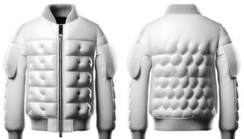 blanco bombardeo chaqueta fumador lleno cremallera para Bosquejo, 3d prestar, blanco color frente y atrás, Copiar espacio, generativo ai png