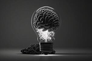 Lightbulb and Human Brain with Inside a lightbulb is a luminous human brain against a dark background. photo