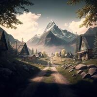 Mountains background with huts photo