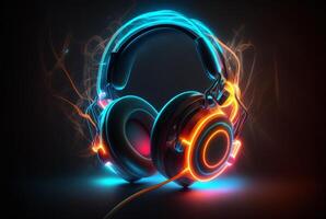 Headphones with neon light on dark background. photo