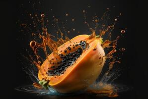 fresh papaya with water splash isolated on black background. photo