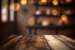 Empty wooden table with bokeh background. photo