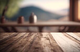 Empty wooden table with bokeh background. photo