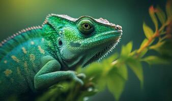 Green colored chameleon close up. . photo