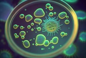 close-up of bacteria, with magnifying glass in the background. photo