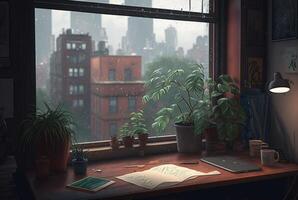 a table with a book and a plant on it in front of a window with a view of the city outside the rainy window. photo