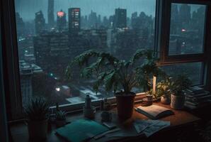 un mesa con un libro y un planta en eso en frente de un ventana con un ver de el ciudad fuera de el lluvioso ventana. generativo ai foto