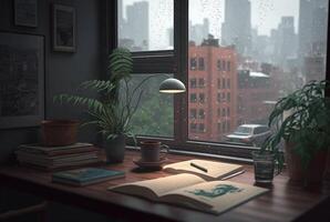 un mesa con un libro y un planta en eso en frente de un ventana con un ver de el ciudad fuera de el lluvioso ventana. generativo ai foto