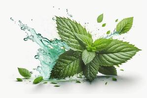 Green mint leaf with water splash isolated on white background. photo