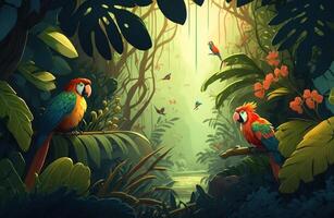 Illustration of a tropical rainforest with parrots. . photo